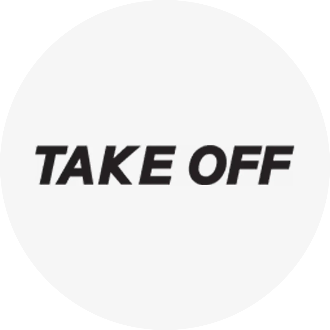 Texten "TAKE OFF" i svart, fetstil mot en vit cirkulär bakgrund.